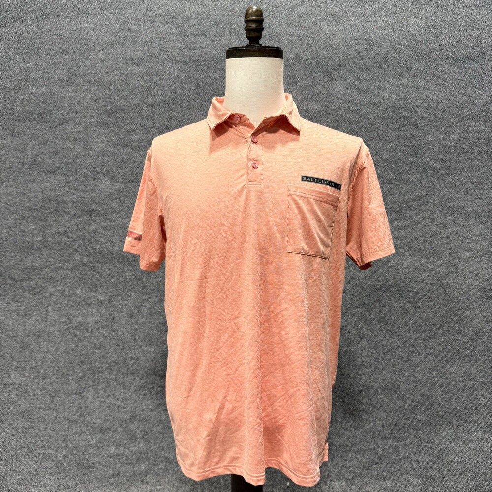 Salt Life SLX Polo Shirt Mens M Salmon Coral Performance Stretch Pocket Fishing